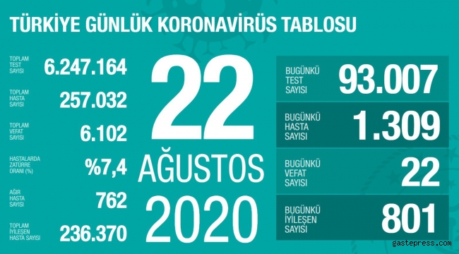 22 Ağustos 2020 Türkiye'de Koronavirüs'de Son Durum!