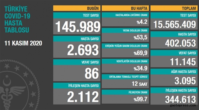 Türkiye'deki koronavirüs vaka ve ölü sayısında son durum (11 Kasım Çarşamba)